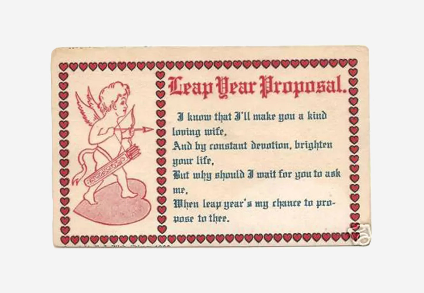 F.J. Bilek's 1908 Leap Year Proposal postcard with Cupid illustration and poem