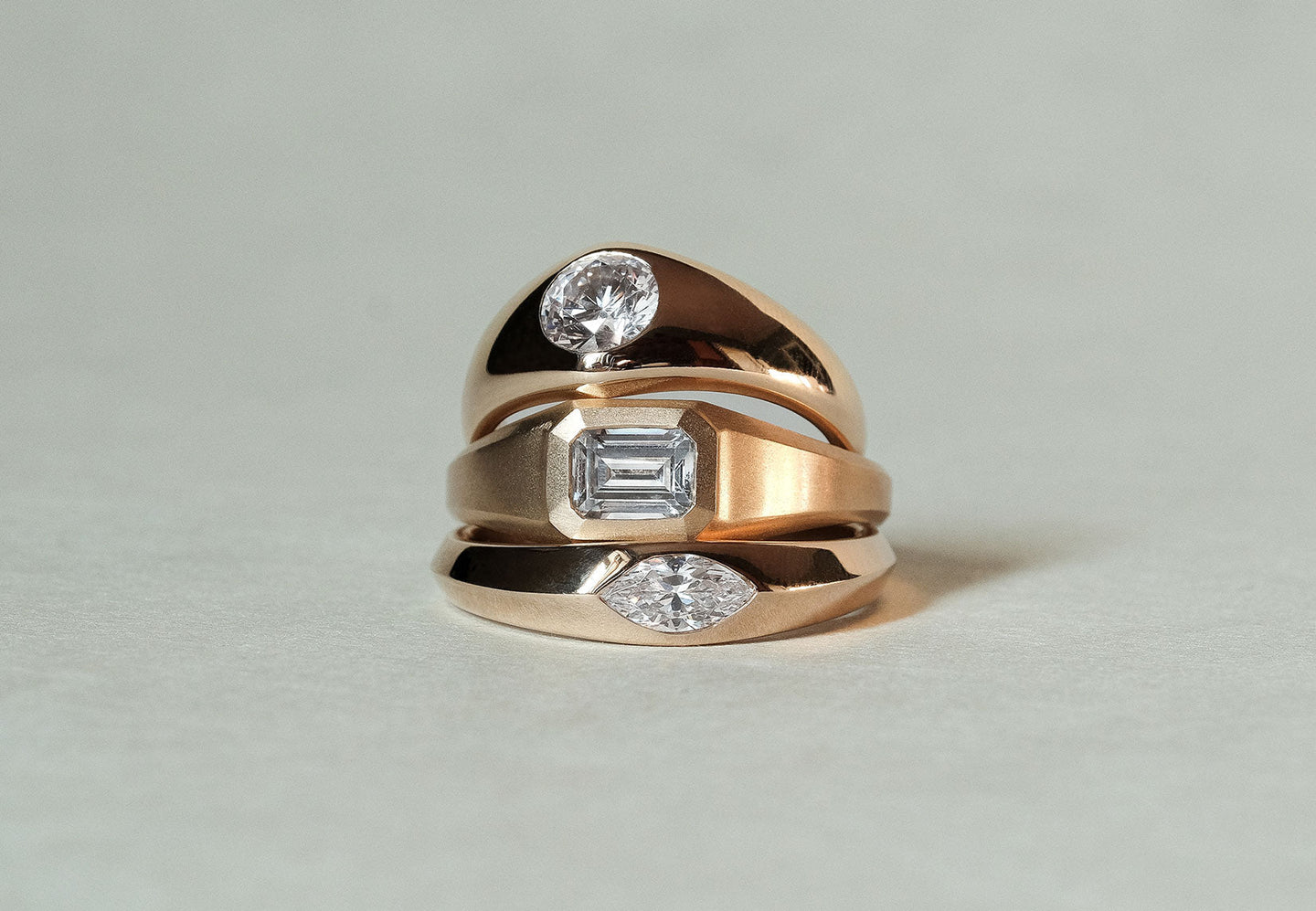 Holden Stack of Signet Rings: Round Diamond, Emerald Diamond, and Marquise Diamond